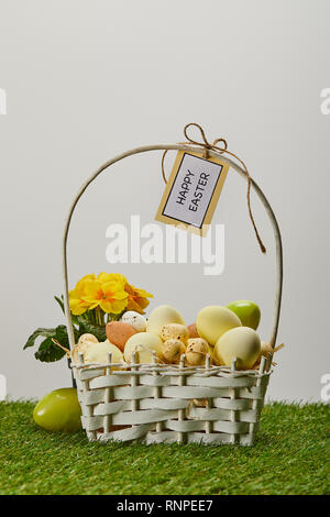Ostern Hühner und Wachteln Eier im Stroh Korb mit Blume und Karte mit Frohe Ostern Schriftzüge auf Gras Stockfoto