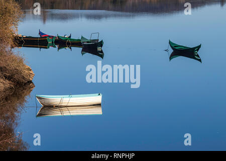 Kleine Boote aus Holz mit ihrer Reflexion in den ruhigen Gewässern der Tajo in Constância, Portugal. Stockfoto