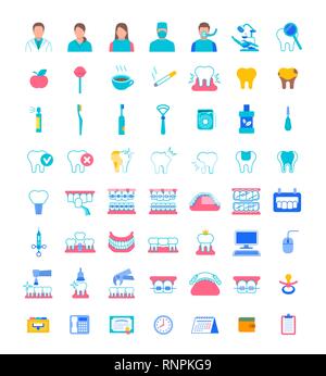 Zahnheilkunde Symbole. Flachen Farbe vektor Zeichen der zahnmedizinischen Klinik Dienstleistungen. Mundhygiene und Konzepte. Mundhygiene, Zahnimplantate, Chirurgie, Kieferorthopädie. D Stock Vektor