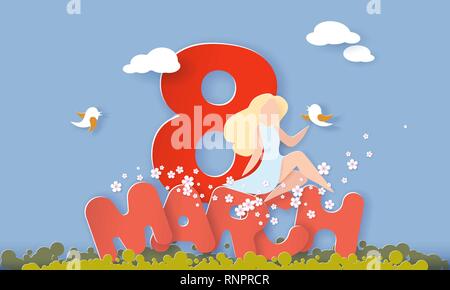 Happy Tag der Frauen am 8. März. Mädchen sitzen auf großen Buchstaben 8. März mit Blumen. Vector Illustration 3d Papier schneiden Stil. Stock Vektor