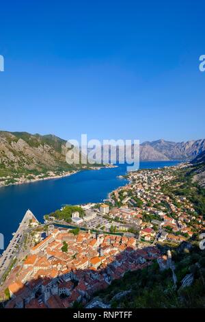 Altstadt von Kotor und Dobrota, Blick von der Festung Sveti Ivan, Bucht von Kotor, Montenegro Stockfoto