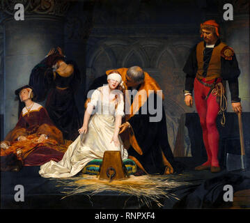 Die Hinrichtung von Lady Jane Gray im Tower of London im Jahr 1554, Öl auf Leinwand, Gemälde von Paul Delaroche, 1833 Stockfoto