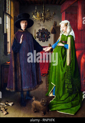 Das Arnolfini Portrait oder Portrait von Giovanni Arnolfini und seiner Frau vom flämischen Künstler Jan Van Eyck, Ölgemälde auf Eichenplatte, 1434 Stockfoto
