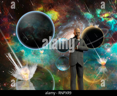 Planetengetriebe Armageddon. Massive Meteorit - Asteroid dusche Planeten zerstören. Kalkulierender Geschäftsmann. 3D-Rendering Stockfoto