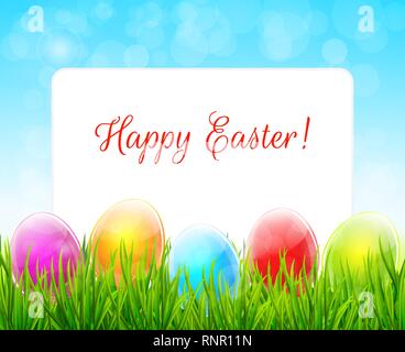 Ostern Hintergrund mit bunten Eiern im grünen Gras und Blatt Papier Vektor Stock Vektor
