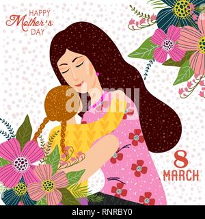 8. März. Cute cartoon Mutter, Tochter und doodle Blumen auf einem weißen Hintergrund. Vektor Vorlagen für Karte, Plakat, Flyer und andere Benutzer Stock Vektor
