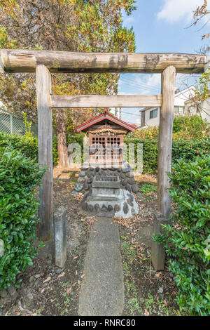 Torii Tor des Hagiwara Jinja. Kleine Shinto Schrein in Kashiwadai, Ebina-Shi, Kanagawa-Ken, Japan Stockfoto