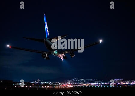 OSAKA, Japan - JAN. 3, 2019: ANA Boeing 767-300ER Landing an den Itami International Airport in Osaka, Japan in der Nacht. Stockfoto