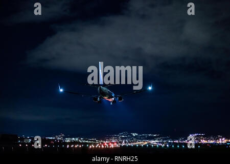 OSAKA, Japan - JAN. 3, 2019: ANA Boeing 737-800 Landung auf dem Internationalen Flughafen Itami in Osaka, Japan in der Nacht. Stockfoto