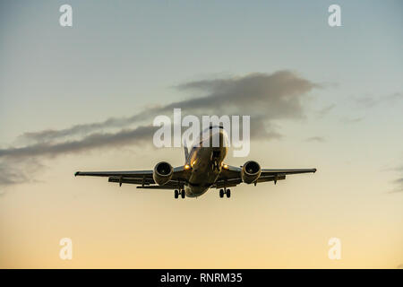 OSAKA, Japan - JAN. 3, 2019: ANA Wings Boeing 737-500 Landung auf dem Internationalen Flughafen Itami in Osaka, Japan in der Abenddämmerung. Stockfoto