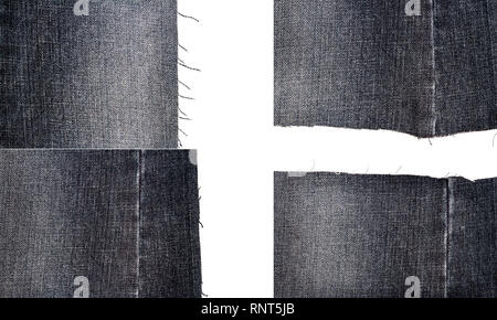 Sammlung von schwarzen Jeans Stoff Texturen auf weißem Hintergrund. Grobe unebenen Kanten. Zerrissene Jeans Stoff mit Kopie Raum Stockfoto