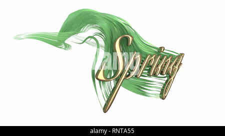 Das Wort Frühling Schriftzug von Gold und Grün und frisch gewellte Gras. 3D-Darstellung. Auf weissem Hintergrund Stockfoto