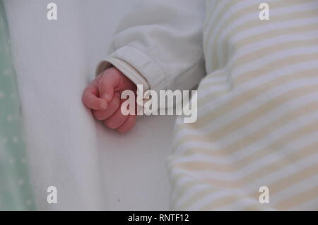Baby liegend im Bett ad Bilden einer Faust Stockfoto