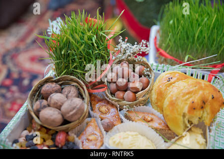 Hazel in einem kleinen Korb. Nahaufnahme der Haselnüsse als Hintergrund. Mischung aus Walnüsse mit harter Schale. Walnüsse, closeup getrocknet. Shorgogal. Stockfoto