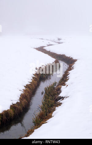 Kleine gekrümmte Creek River mit Büschen auf Bank schlängelt sich durch ein schneebedecktes Feld in der Steiermark, Österreich Stockfoto