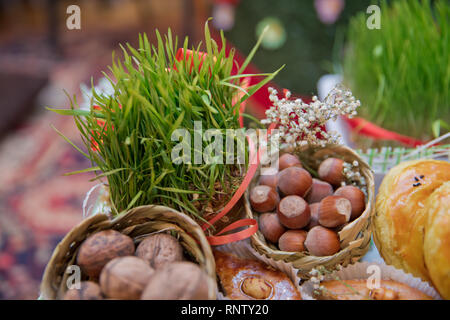 Hazel in einem kleinen Korb. Nahaufnahme der Haselnüsse als Hintergrund. Mischung aus Walnüsse mit harter Schale. Walnüsse, closeup getrocknet. Shorgogal. Stockfoto