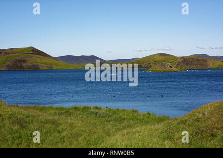 Geologische Besonderheit See und Lavaformationen. Kalfastrond Rock Outcroppings in Myvatn See. Stockfoto