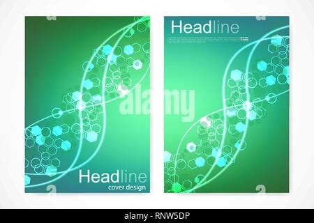 Wissenschaftliche Broschüre Design-Vorlage. Vektor-Flyer-Layout, molekulare Struktur mit verbundener Linien und Punkten. Wissenschaftliche Muster Atom DNA mit Elementen Stock Vektor
