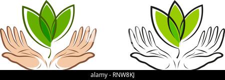 In den Händen Blatt, Logo. Natürliche, organische Label, natur symbol. Vector Illustration Stock Vektor