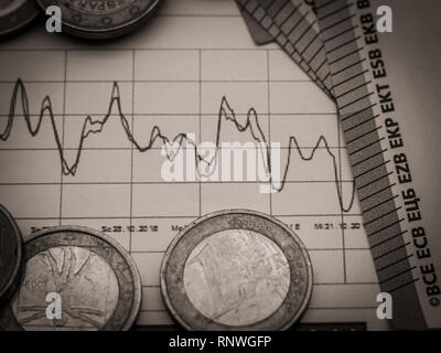Bild geld Anlagestrategie mit Euro-münzen und Euro-scheine Nahaufnahme Stockfoto