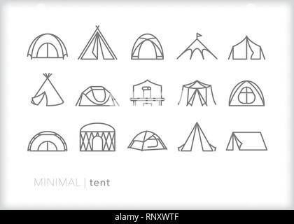 Satz von 15 Zelt Zeile für Symbole für Outdoor Camping und Leben Stock Vektor