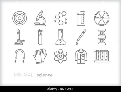 Satz von 15 Erziehungswissenschaft Zeile für Symbole für den Unterricht in Physik, Chemie und Biologie im Klassenzimmer Stock Vektor