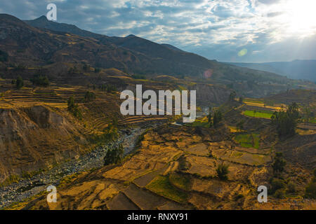 Landwirtschaft Felder entlang der Colca Canyon und den Fluss bei Sonnenaufgang in der Region Arequipa, Peru. Stockfoto