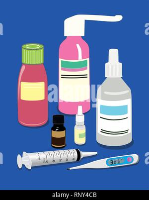 Medizinische Vorbereitung. Thermometer, Spritze für Injektionen. Medizinische Flaschen.Pharmazeutisches Konzept. Vertikal, blau. Vektor Stock Vektor