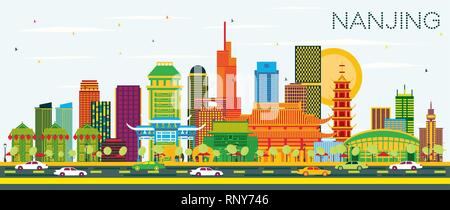 Nanjing China City Skyline mit Farbe Gebäude und blauer Himmel. Vector Illustration. Business Travel und Tourismus Abbildung mit moderner Architektur. Stock Vektor