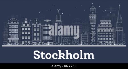 Umrisse Stockholm Schweden City Skyline mit weißen Gebäuden. Vector Illustration. Business Travel und Tourismus Konzept mit historischer Architektur. Lager Stock Vektor