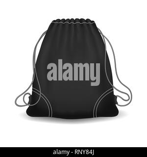 Sport Knapsack. Schwarze Sporttasche, Vektor deportes Kordelzug Rucksack, Schuhe bagful für Schule Kleidungsstück Gepäck isoliert Stock Vektor
