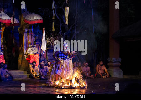 Kecak und Barong Feuer tanzen. Tänzerin trat auf das brennende Feuer auf dem Boden während der Show in der Nähe von Batubulan, Sukawati, Gianyar, Bali, Indonesien Stockfoto