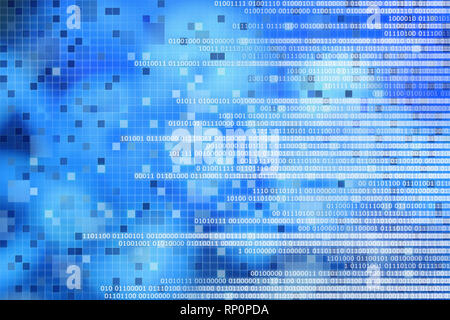 Digitaler Computer Daten Konzept. Weiß der binäre Code text auf Blue Pixel Blöcke Zusammenfassung Hintergrund. Design für künstliche Intelligenz computer Technologie Stockfoto