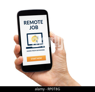 Hand mit einem schwarzen smart phone mit Remote Job Konzept auf dem Bildschirm. Auf weissem Hintergrund. Alle Inhalte werden von mir gestaltet. Stockfoto