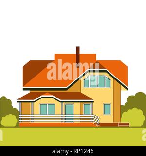 Orange House auf dem Gras. Fassade des detaillierten bunten Häuschen auf zwei Etagen mit Bäumen. Vorderansicht. Vektor flachbild Architektur Konzept für Kataloge. Stock Vektor
