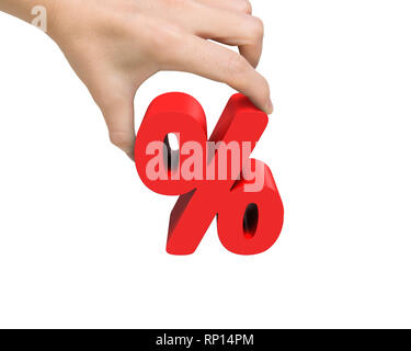 Frau Hand 3D Rot Prozentzeichen, auf weißem Hintergrund. Stockfoto