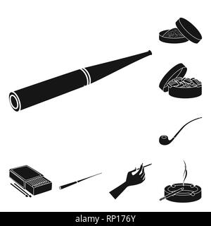 Zigarre, Schnupftabak, Kauen, Rohr, Streichholzschachtel, Mundstück, Hand, Aschenbecher, Lieferung, Sucht, retro, Box, Halter, arm, Glas, Holz, Asche, lange, Halten, Kunststoff, klassische, runde, Droge, Streichholz, Baum, Pause, Filter, Rauchen, anti, Gewohnheit, Zigaretten, Tabak, Gesundheit, Nikotin, Rauchen, Statistiken, verweigern, Stop, Set, Vector, Icon, Illustration, isoliert, Sammlung, Design, Element, Grafik, Zeichen, Schwarz, einfachen Vektor Vektoren, Stock Vektor