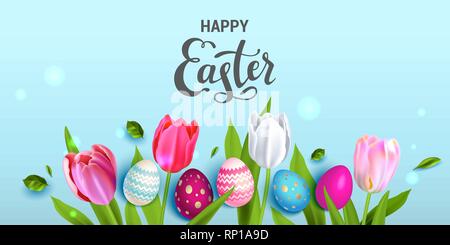 Frohe Ostern Urlaub Rahmen. Schönen Hintergrund mit realistischen gefärbte Ostereier und Tulpen. Festliche Vector Illustration. Stock Vektor