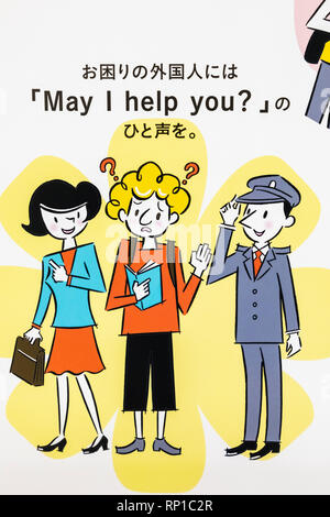 Japan, Honshu, Tokio, U-Bahn, Mehrsprachige "Kann ich Ihnen helfen"-Schild Stockfoto