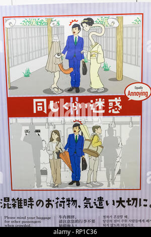 Japan, Honshu, Tokio, U-Bahn, Poster Förderung der Berücksichtigung anderer Passagiere bei Gepäck Stockfoto