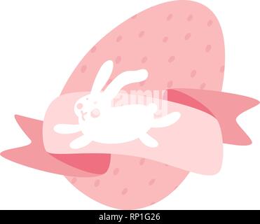 Cartoon White Bunny und niedlichen Küken Eier mit Muster und Rose Band. Ostern oder Kid Vector Illustration. Weiche Pastellfarben. Stock Vektor