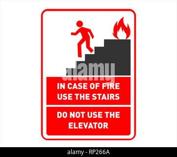 Sicherheitsschild/Poster zur Brandausbreitung: Personen sollten Treppen benutzen. Bedruckbares Sicherheitsabbildschild. Stock Vektor