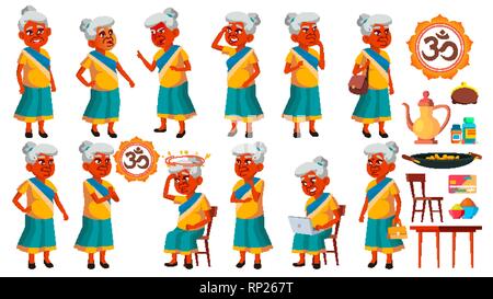 Indische alte Frau stellt ein Vektor. Ältere Menschen. Ältere Person. Im Alter. Aktive Großeltern. Freude. Präsentation, Einladung Design. Isoliert Stock Vektor