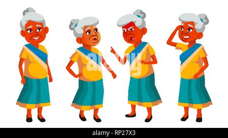 Indische alte Frau stellt ein Vektor. Ältere Menschen. Ältere Person. Im Alter. Lustige Rentner. Freizeitaktivitäten. Ansage, Cover Design. Isolierte Cartoon Stock Vektor