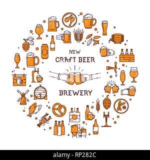 Runde Ausführung einer großen Anzahl von farbigen Symbole auf das Thema des Bieres, seine Herstellung und Verwendung im Vektorformat mit Platz für den Text. Handwerk Bier pixel-p Stock Vektor