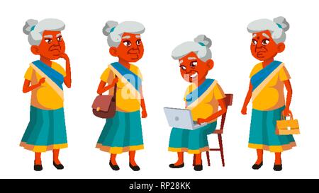 Indische alte Frau stellt ein Vektor. Ältere Menschen. Ältere Person. Im Alter. Freundlich Großeltern. Banner, Flyer, Broschüre Design. Isolierte Cartoon Stock Vektor