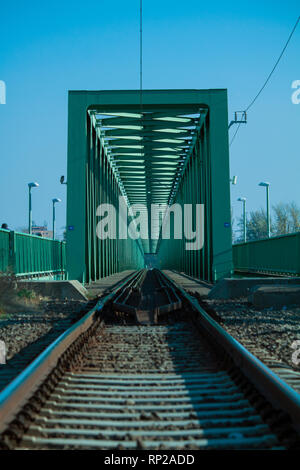 Stahl Bau einer Eisenbahnbrücke über die Donau malte auf Grün. Stockfoto