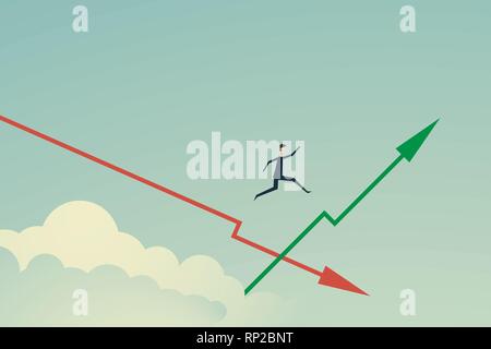 Minimalistischer Stil. vector Business Finance. Geschäftsmann Sprung auf die wachsende grüne Graph, als er die Wahl der richtigen Entscheidung zur richtigen Zeit zu ändern. Stock Vektor