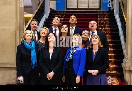 London, Großbritannien. 20. Feb 2019. Gruppe Photo-Front row-L-R ehemalige Tory Partei Abgeordnete Sarah Wollaston, Heidi Allen, Anna Soubry und ehemaligen Labour MP Joan Ryan Mittlere Reihe - L-R - Angela Smith, Luciana Berger und Ann Coffey zurück Row-L-R-Chris Leslie, Gavin Shuker, Chukka Umunna und Mike klafft Pressekonferenz von drei konservativen Abgeordneten, die resigniert haben. 3 rebel Tory MPs verkünden, dass die Konservative Partei verlassen die unabhängige Gruppe beizutreten. Credit: Tommy London/Alamy leben Nachrichten Stockfoto