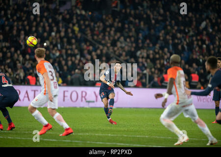 Paris, Frankreich. 20 Feb, 2019. PARIS, WENN - 20.02.2019: PSG X MONTPELLIER-Angel di Maria kerben Ziel (2-1) während des Spiels zwischen PSG gegen Montpellier statt im Parc des Princes in Paris. Das gleiche gilt für die französische Meisterschaft. (Foto: Richard Callis/Fotoarena) Credit: Foto Arena LTDA/Alamy leben Nachrichten Stockfoto